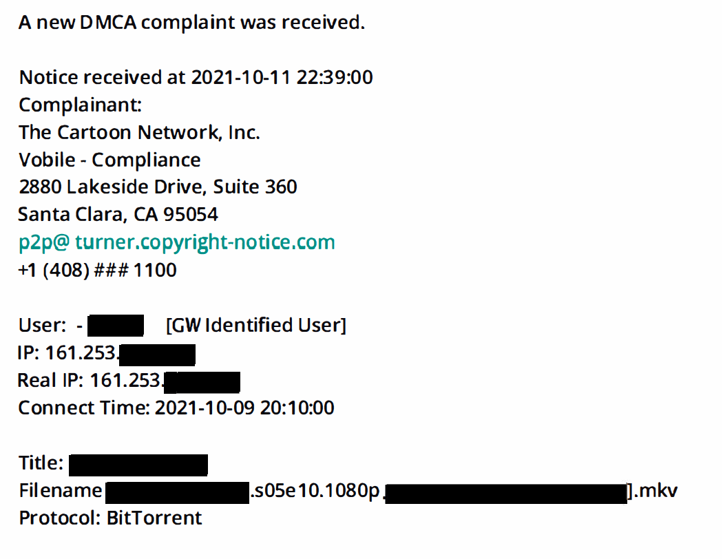 Screenshot - Example of a DMCA Notice of Copyright Infringement 
