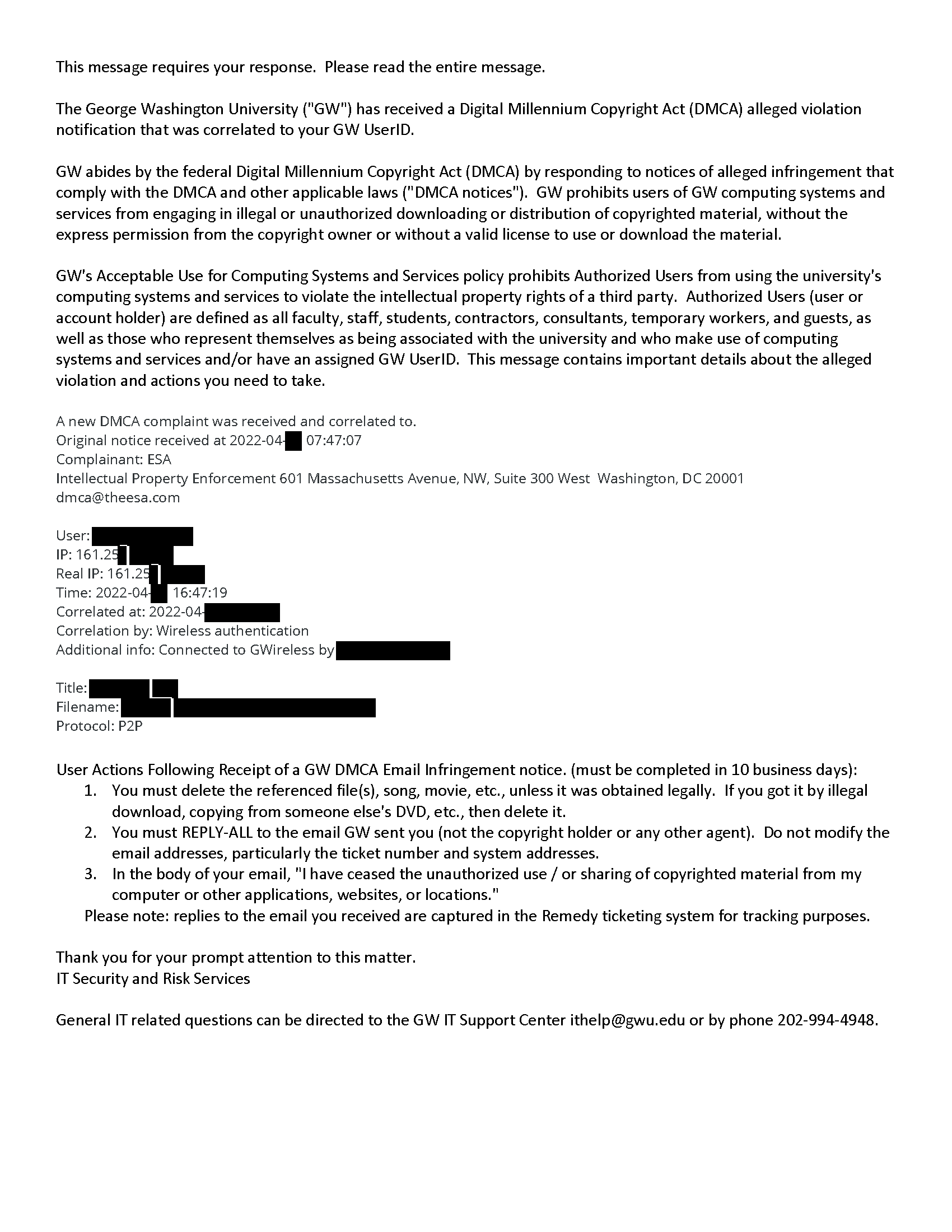 Screenshot - Example of a DMCA Notice of Copyright Infringement 