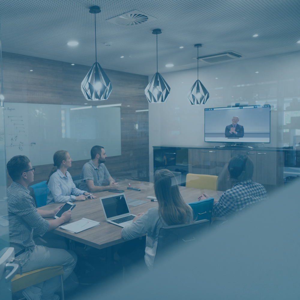 Photo of conference room with web conferencing