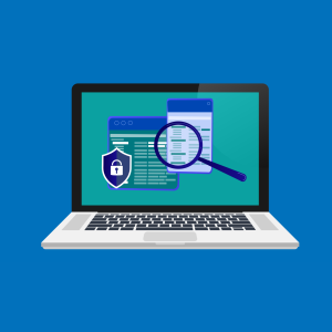 Illustration of a laptop with open windows and magnifying glass